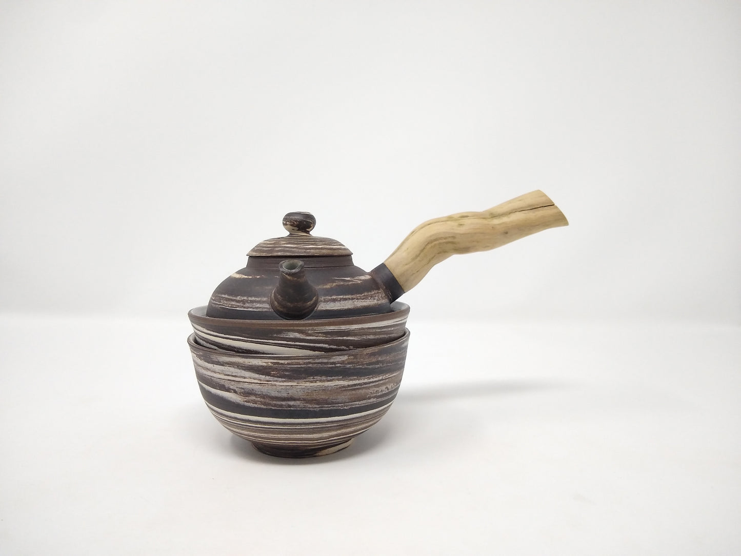 200ml "Nerikomi" Kyusu with two matching 200ml tea bowls